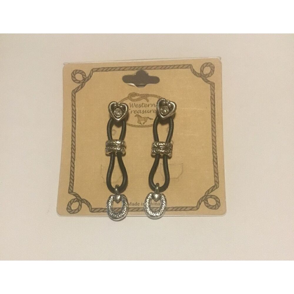 Black Cord Hearts & Horseshoes Western Theme Rodeo Princess Earrings